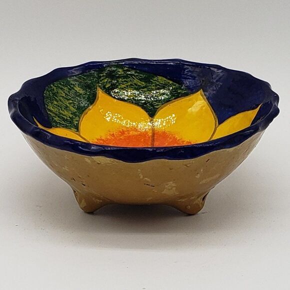 Mexican Talavera 4" Hand Painted Blue Yellow Sunflower 3 Footed Pottery Bowl - Picture 9 of 11